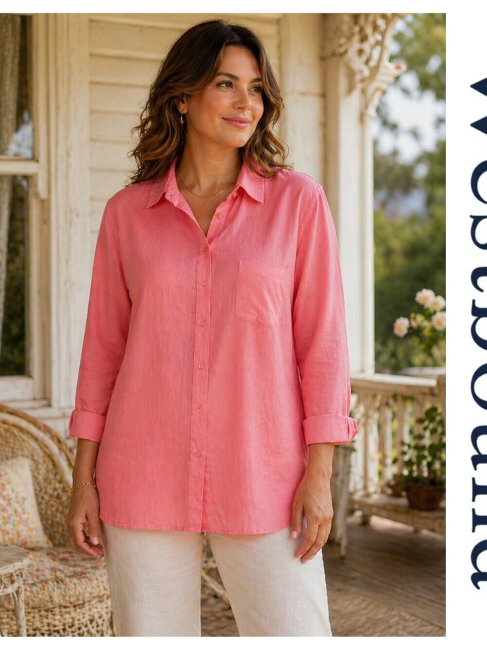 Westbound Coral 100% Linen Button Down Long Sleeve Embroidered Shirt Plus Sz 3X